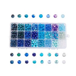 Abalorios de vidrio de estilo mixto, redondo, 24 colores, degradado de color, azul, 8~8.5mm, agujero: 1.3~1.6 mm, acerca 27~30pcs / compartimento, 648~720 unidades / caja