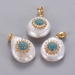 Natural Cultured Freshwater Pearl Pendants, with Brass Micro Pave Cubic Zirconia Findings, Nuggets with Flower, Long-Lasting Plated, Golden, Deep Sky Blue, 17~27x12~16x6~12mm, Hole: 4x2.5mm