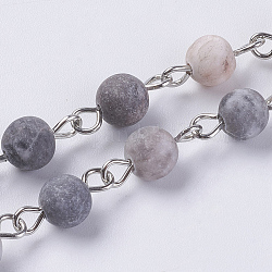 Chaînes naturelles en perles d'agate, non soudée, avec épingle à oeil en fer, ronde, platine, 39.3 pouce (1 m), perles: 12x12x8 mm