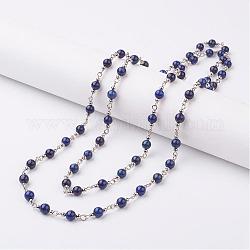 Two Tiered Lapis Lazuli Beaded Necklaces, Double Layer Necklaces, with Iron Finding, Platinum, 47.2 inch(120cm)