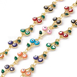 Handmade Eco-friendly Brass Enamel Cherry with Evil Eye Link Chain, Real 18K Gold Plated, Lead Free & Cadmium Free, Soldered, with Spool, Colorful, 11.5x7.5x3mm