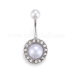 Piercing Jewelry, Brass Cubic Zirciona Navel Ring, Belly Rings, with 304 Stainless Steel Bar & Acrylic Pearl, Platinum, 27x12mm, Pin: 1.5mm