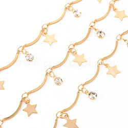 Handmade Brass Scalloped Bar Chain, with Cubic Zirconia, Soldered, Spool, Star, Real 18K Gold Plated, 15x2x3mm and 3.7x2.5x0.3mm, about 16.4 Feet(5m)/roll