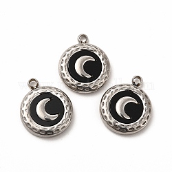 304 Stainless Steel Pendants, with Acrylic, Flat Round with Moon, Stainless Steel Color, 16x13x3mm, Hole: 1.6mm