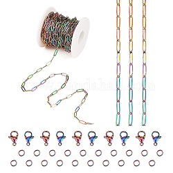 Kit de fabrication de bijoux de chaîne de bricolage, y compris le placage ionique de couleur arc-en-ciel (ip) 304 chaînes de trombones de 5 m en acier inoxydable et 10 fermoirs et 20 anneaux de saut, 1 bobine en plastique, couleur arc en ciel, chaînes de trombones: 12x4x1 mm