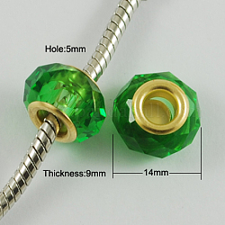 Glass European Beads, with Golden Plated Brass Double Cores, Faceted, Rondelle, Lime Green, 14x9mm, Hole: 5mm