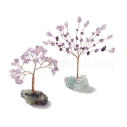 Natural Amethyst Tree Display Decoration, Reiki Spiritual Energy Tree, Raw Fluorite Base Feng Shui Ornament for Wealth, Luck, Rose Gold Brass Wires Wrapped, 36~39x92~154x124~155mm