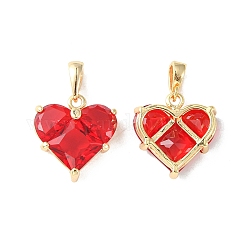 Brass Micro Pave Cubic Zirconia Charms, Heart Charm, Real 18K Gold Plated, Red, 14.5x13.5x5mm, Hole: 3x2.5mm
