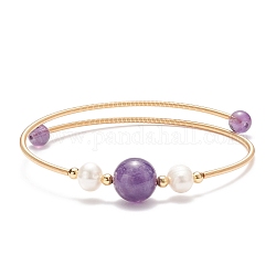 Braccialetto con perline tonde in ametista naturale e perle, braccialetto di coppia in ottone per le donne, oro, diametro interno: 2-1/4 pollice (5.6 cm)