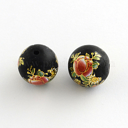 Flower Picture Frosted Glass Round Beads, with Gold Metal Enlaced, Dark Orange, 14x13mm, Hole: 1.5mm