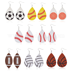 ANATTASOUL 8 Pairs 8 Style PU Imitation Leather Teardrop with Sport Theme Pattern Dangle Earrings, Platinum Alloy Jewelry for Women, Mixed Patterns, 80~91mm, Pin: 0.7mm, 1 Pair/style