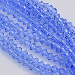 Bicone cuentas de vidrio hebras, facetados, azul aciano, 3.5x3mm, agujero: 1 mm, aproximamente 125~130 pcs / cadena, 13.8 pulgada
