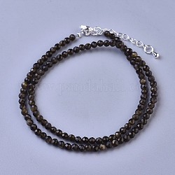 Natürliche goldene Glanz Obsidian Perlen Halsketten, mit Messing Karabinerverschlüsse, facettierte runde Perlen, 16.5 Zoll ~ 16.7 Zoll (42~42.5 cm) x 3~3.5 mm