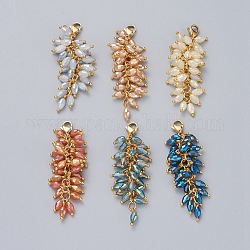 Pendentifs de perles de grappe de verre galvanisé, avec fermoirs mousquetons en 304 acier inoxydable, or, couleur mixte, 60mm