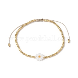 Flower Natural Shell & Glass Seed Braided Bead Bracelets, Adjustable Nylon Bracelet, Gold, Inner Diameter: 2-1/8~3-3/8 inch(5.5~8.5cm)