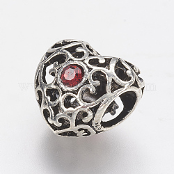 Perle europee di strass in lega di stile tibetano, perline con foro grande, cuore vuoto, argento antico, rosso, 12x12.5x9.5mm, Foro: 5 mm