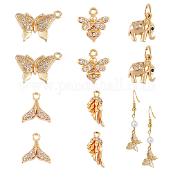 Superfindings 10 pz pendenti a farfalla in ottone con zirconi cubici 5 stili ciondoli animali elefante placcato oro 14k pendente pendente con anello per creazione di gioielli, foro:1.2~3mm
