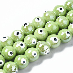 Brins de perles en céramique de porcelaine faites à la main, porcelaine émaillée lumineux, ronde avec le mauvais œil, vert clair, 10.5mm, Trou: 1.8mm, Environ 32 pcs/chapelet, 12.01 pouce (30.5 cm)