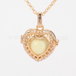 Golden Plated Brass Rhinestone Cage Pendants, Chime Ball Pendants, Hollow Heart, with No Hole Spray Painted Brass Round Ball Beads, Light Yellow, 28x27x15mm, Hole: 3x8mm