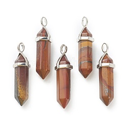 Natural Tiger Iron Pendants, with Platinum Tone Brass Findings, Bullet, 39.5x12x11.5mm, Hole: 4.5x2.8mm