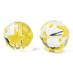 Abalorios de vidrio transparentes, con patrón de estrella de esmalte, redondo, amarillo, 13x12x11mm, agujero: 1.6 mm