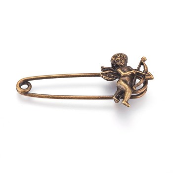 Tibetan Style Alloy Safety Brooch, Cupid/Cherub, Antique Bronze, 52.5x24x8.5mm, Pin: 1.5mm