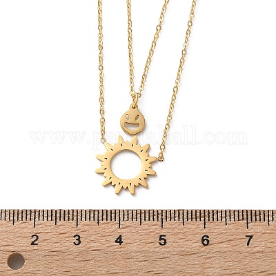 Двухслойные ожерелья из нержавеющей стали 304 с подвеской в виде солнца и улыбающегося лица для женщин NJEW-A045-14G-1