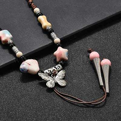 Этнический стиль сплав и фарфор керамические бусины бабочка кулон кисточка и ожерелья NJEW-D308-01C-1