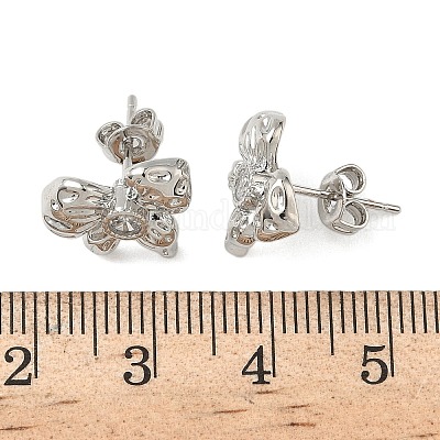 Серьги-гвоздики с бантом из латуни с микропаве из прозрачных кубических цирконий EJEW-A145-02A-P-1