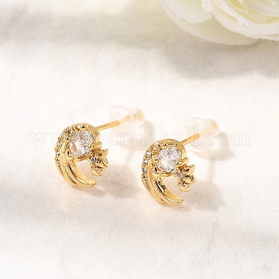 Серьги-гвоздики в форме луны с микропаве из прозрачных кубических цирконий из латуни EJEW-C158-10G-1