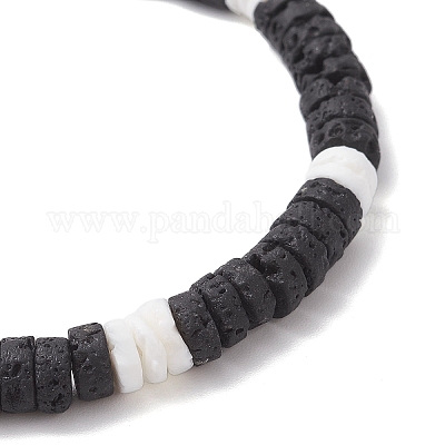 Браслеты из плоских круглых бусин из натуральной лавы и белых ракушек для женщин BJEW-JB12462-02-1