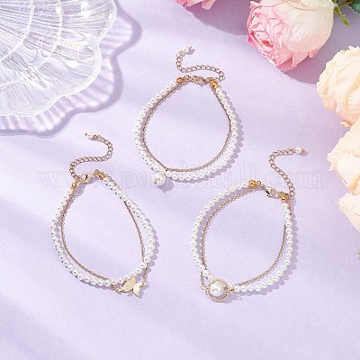 3шт. многорядные браслеты из круглых бусин из ракушек и жемчуга для женщин BJEW-JB12035-1