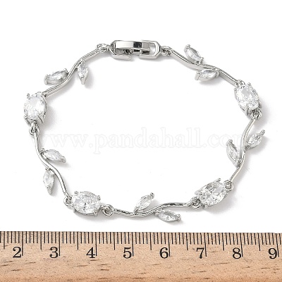 Браслеты-цепочки из латуни с микропаве из кубических цирконий овальной и листовой формы для женщин BJEW-G764-05P-02-1