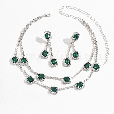 Прямоугольное латунное ожерелье из двухслойной цепочки со стразами и серьги-гвоздики FS-WG7C731-01-1