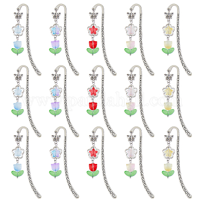 15 шт. 5-х цветные стеклянные тюльпаны-подвески-закладки AJEW-HS00009-1