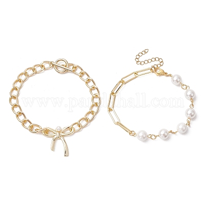 2 шт. 2 стиля браслет из алюминиевых витых цепочек с бантом и латунных скрепок и цепочек с жемчугом для женщин BJEW-JB11601-1