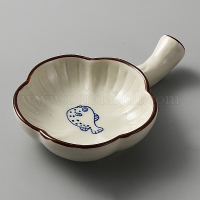 柄付き花型陶器墨皿 磁器ブラシホルダー 書道愛好家のために 魚模様