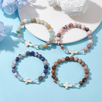 Женские эластичные браслеты из бисера с перекрестными натуральными и синтетическими драгоценными камнями BJEW-JB10165-1