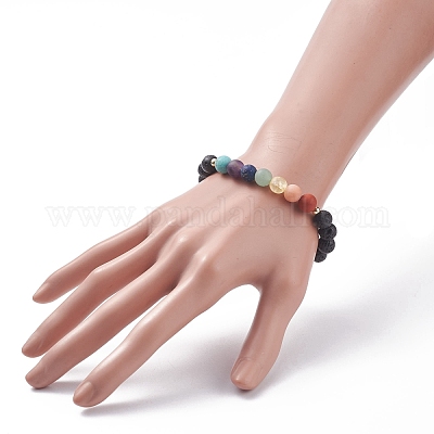 Эластичный браслет из натуральной лавы и смешанных камней BJEW-JB07999-1