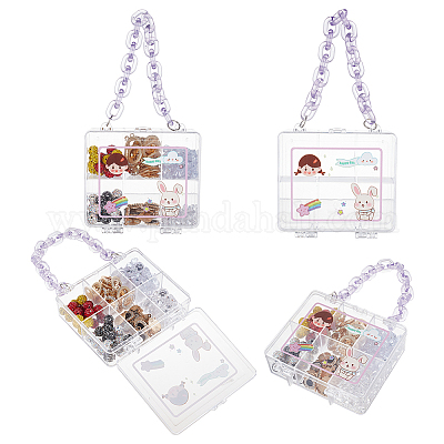 PH PandaHall 4pcs Organizer Box with Dividers 6 Grids Clear Bead Container  Bag-Shaped Plastic Bead Case Storage Box with Purple Chains for Jewelry