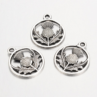 Тибетский стиль сплава плоские круглые с цветочными Шотландия расторопши подвесками TIBEP-24054-AS-FF-1