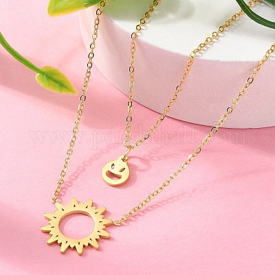 Двухслойные ожерелья из нержавеющей стали 304 с подвеской в виде солнца и улыбающегося лица для женщин NJEW-A045-14G-1