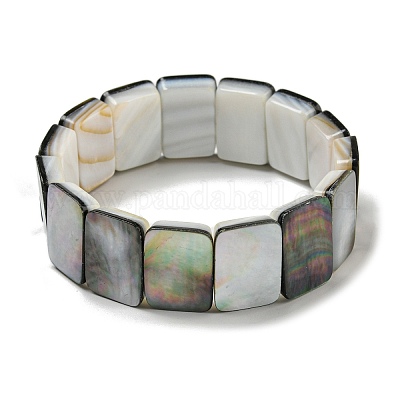 Браслеты из натуральных черных ракушек-губ прямоугольной формы с эластичными бусинами BJEW-N030-01B-02-1