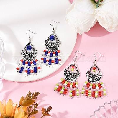 Серьги-люстры из сплава стеклянных бусин в форме слезы EJEW-JE06509-1