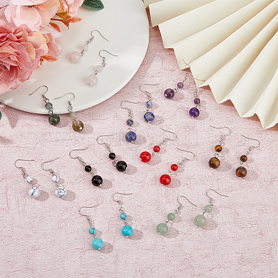 10 пара 10 стильных круглых серег с подвесками из натуральных смешанных драгоценных камней EJEW-AN0002-06-1