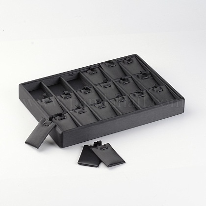 木製のネックレスプレゼンテーションボックス  PUレザーで覆われた  18グリッドスタッカブルペンダントネックレスディスプレイトレイ  長方形  ブラック  18x25x3.2cm NDIS-O006-03-1