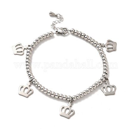 304 Stainless Steel Crown Charm Bracelet with 201 Stainless Steel Round Beads for Women BJEW-B057-23P-1