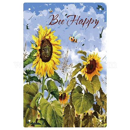 CREATCABIN Tin Sign Bee Happy Sunflowers Retro Vintage Metal Wall Decoration Art Mural for Home Garden Kitchen Bar Pub Living Room Office Garage Poster Plaque 8 x 12inch AJEW-WH0157-293-1