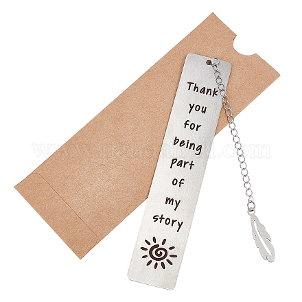 CRASPIRE Stainless Steel Bookmarks Silver Lettering Bookmarks with Feather Pendant with Kraft Paper Bag for Book Lovers Teacher Students (Thank you for being part of my story) AJEW-CP0004-80A-1