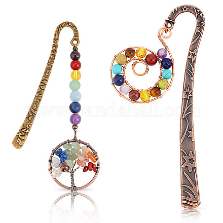 AHANDMAKER Tree of Life & Spiral Pendant Metal Bookmark with Crystal Tumbled Gemstones Chip Stone Beaded Vintage Bronze Book Markers for Book Lovers Teacher Students Women Men Birthday Gift AJEW-GA0004-83-1